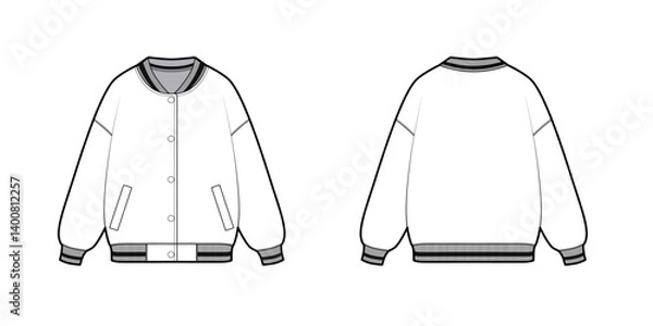 Fototapeta Varsity Jacket - Activewear Jacket Design with Pocket - Jackets Fashion Technical Illustration - Front and Back Views Winter Coat, Men Women Unisex Sweatshirt Jersey CAD Mockups