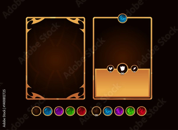 Obraz front and back tcg fantasy medieval gold template with colorful icon set vector game illustration