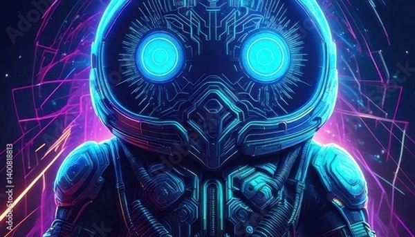 Fototapeta Futuristic Robot with Glowing Blue Eyes in Cyberpunk Style Design