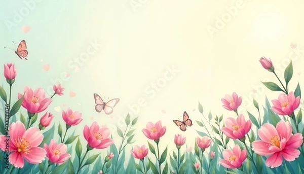 Obraz Spring vector illustration with blooming flowers, nature leaves and colorful floral design