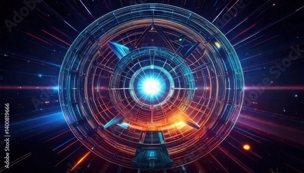 Fototapeta Futuristic portal with glowing light and spaceship entering portal