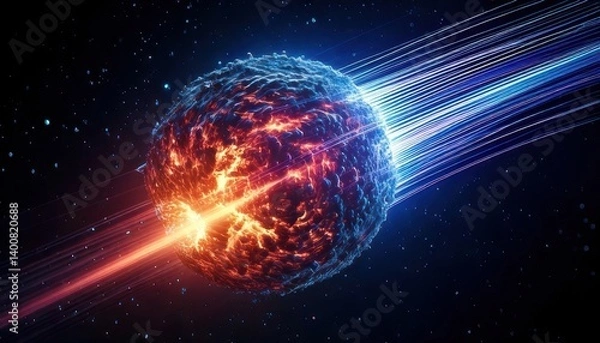 Fototapeta Futuristic planet being hit by energy stream in outer space scene
