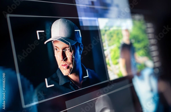 Fototapeta Deep fake and AI deepfake. Theft or fraud video. Face recognition and photo detection with artificial intelligence. Machine learning and computer id analysis system technology.