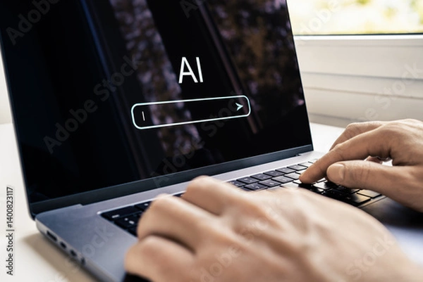 Fototapeta Generate content with AI prompt. Text or image generator in laptop. Artificial intelligence search engine. Website SEO technology tool. Man using computer in digital data business.