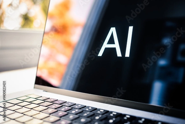 Obraz AI content with computer. Generate design, software code, image or text with artificial intelligence tool in laptop. Creative marketing generator and machine learning technology at work or home.