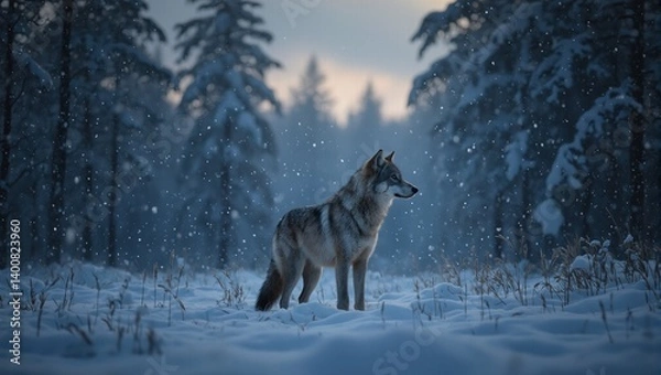 Obraz Majestic gray wolf in snowy twilight forest a scene of mystical beauty with softly falling snowflakes
