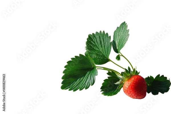 Fototapeta A single strawberry with lush green leaves on a crisp white background, emphasizing the bright red fruit and its glossy surface.