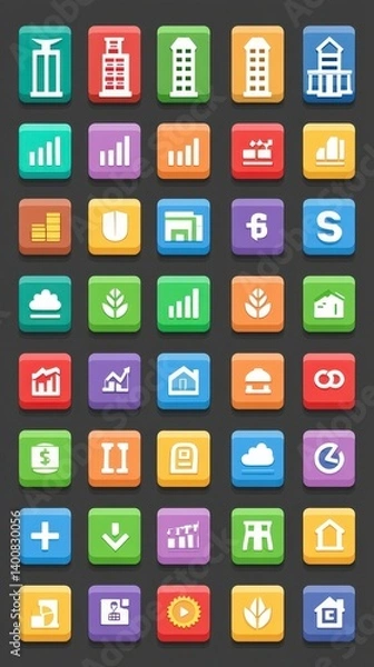 Fototapeta Colorful Pixel Art Business and Industry Icons on Dark Background