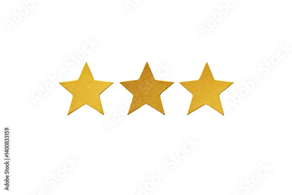 Fototapeta A vibrant price sticker featuring three bold, golden stars, centrally placed on a pristine white surface with a smooth matte finish