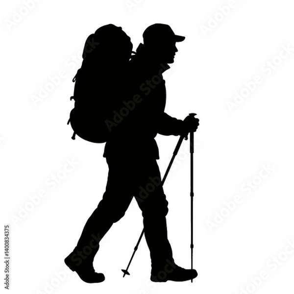 Fototapeta Hiker silhouette walks using trekking poles on a white background ideal for outdoor adventure themes