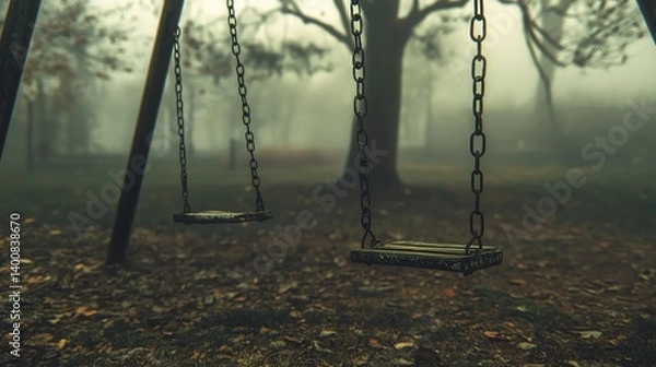 Fototapeta Empty Swing Set in Foggy Park with Fallen Leaves Landscape