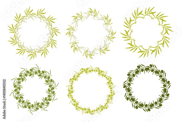 Fototapeta olive branch wreath round frame set, simple olive branches, olive leaf frames, vector set of green leaves.