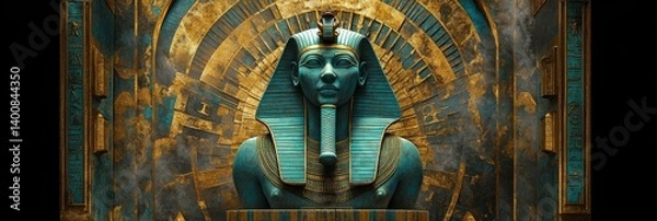 Obraz Sphinx statue with golden background featuring circular patterns in an ancient style.