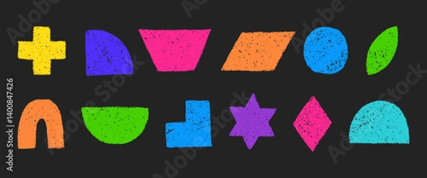 Fototapeta Set of simple colorful geometric figures hand drawn with crayon. Colored pencil or charcoal textured shapes. Vector illustrations isolated on a black background