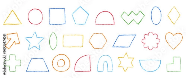 Fototapeta Set of color pencil kids geometric shapes with charcoal texture. Crayon hand drawn figures. Circle, triangle, square, trapezoid, rhombus, star, heart and other. Outline vector illustration