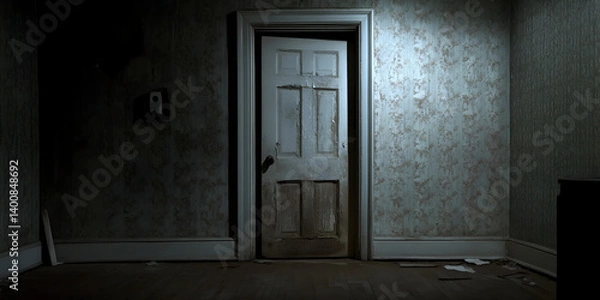 Fototapeta A decaying, forgotten mansion with a cracked, broken door leading into an unknown, dark space.

