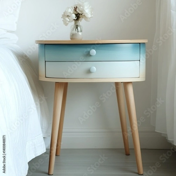 Obraz Stylish painted bedside table with a minimalist design and a decorative flower vase in a bright bedroom setting