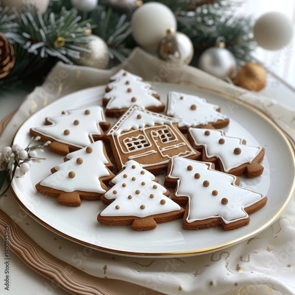 Obraz Gingerbread cookies arranged on a decorative plate surrounded by festive decorations in a cozy winter setting