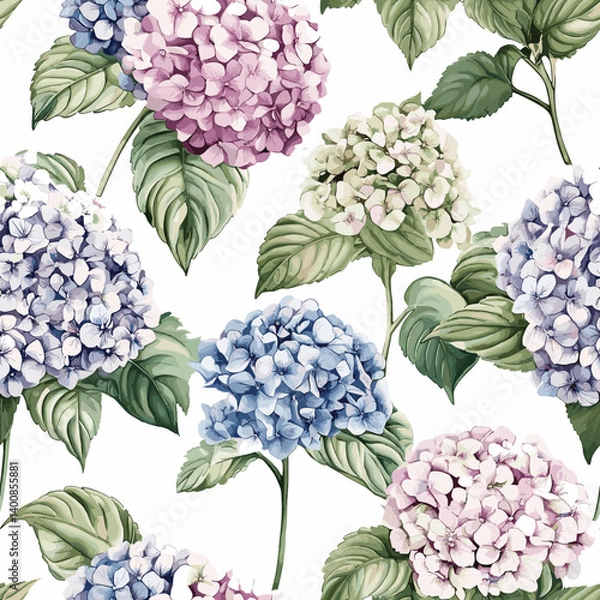 Fototapeta Bold graphic hydrangea flower and leaves in flat color style, Seamless Background
