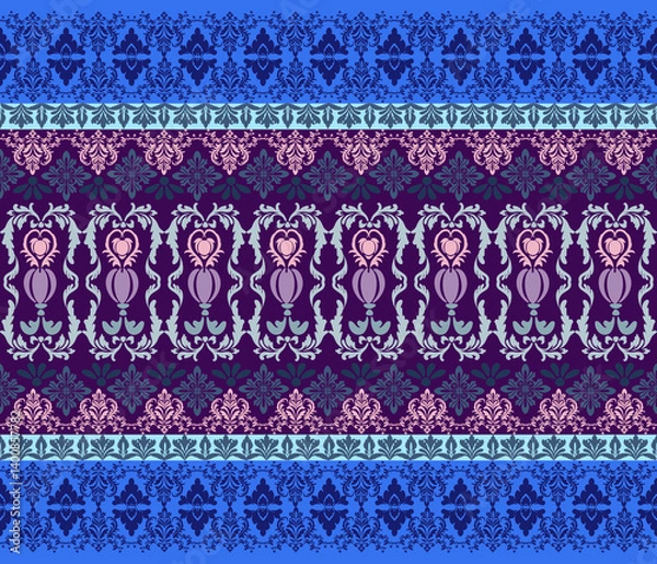 Obraz Damask art, ethnic style, Damask pattern, pink, purple, blue background, vertical for textile, clothing, curtains, carpets, blankets, decoration, vector illustration.