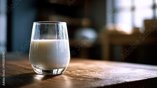 Fototapeta A glass of milk on a wooden table, simple, rustic, and healthy refreshment