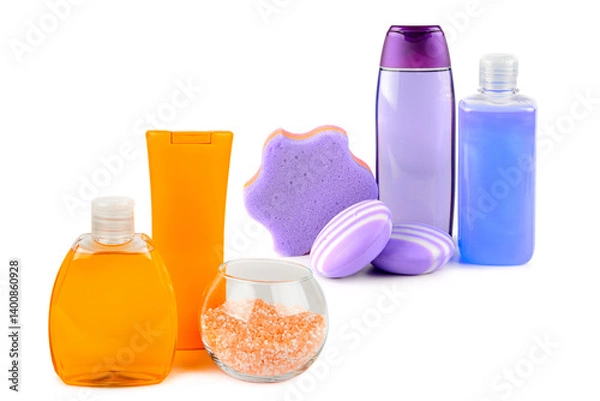 Fototapeta Lavender shampoo, soap, Oils and lotions with orange extract isolated on white background.