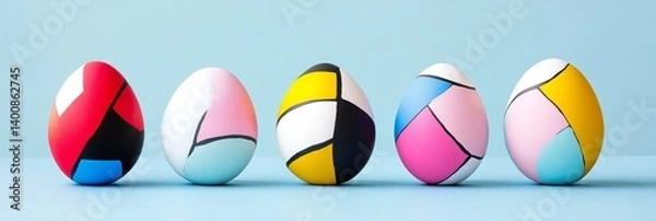 Fototapeta Geometric Easter Eggs Design - Five uniquely designed Easter eggs in a row, each with a different geometric pattern in vibrant colors against a light blue background