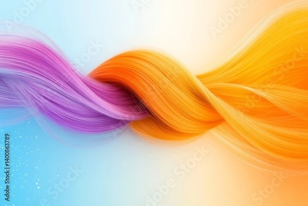 Fototapeta Vibrant Hair Color Swirl - Abstract of intertwined strands of purple and orange hair, creating a dynamic swirl effect against a light blue and yellow gradient background