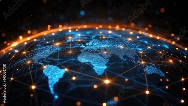 Obraz Global network illustration with world map and interconnected nodes against a dark background.