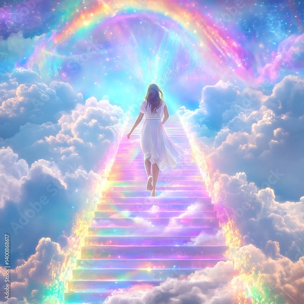 Fototapeta A woman in a flowing white dress ascends vibrant holographic stairs. She is surrounded by fluffy clouds and a beautiful rainbow enhances the ethereal atmosphere of the moment Generative AI