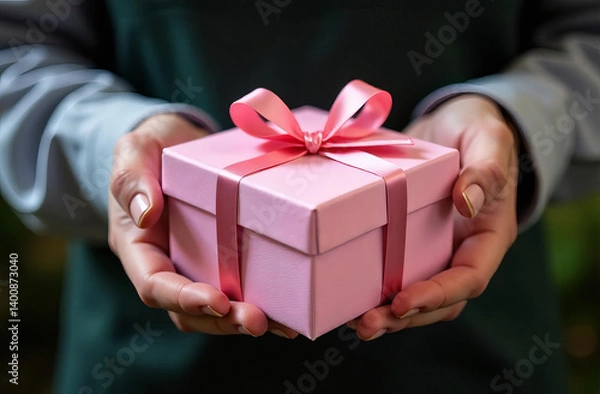 Fototapeta In the hands of a pink gift box with a bow, a box in close-up