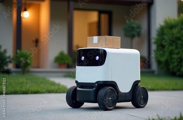 Fototapeta An autonomous delivery robot in front of the house. State-of-the-art technology with a cardboard box for fast parcel delivery