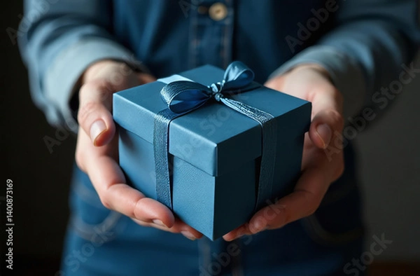 Fototapeta A man holds a blue gift box in his hands, a box in close-up