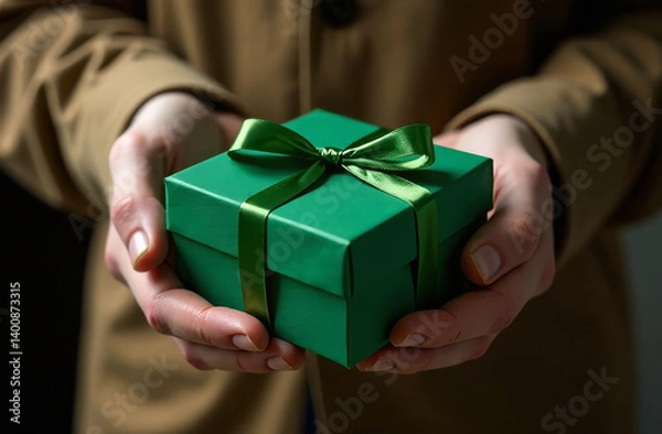 Fototapeta A man holds a gift box with a bow, a green box in close-up