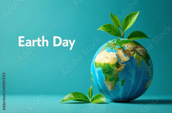 Fototapeta The inscription "EARTH DAY" next to the globe, from which green leaves grow, symbolizing concern for the environment on a blue background