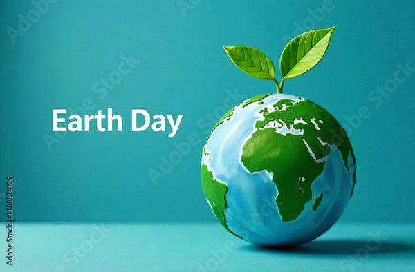 Fototapeta The inscription "EARTH DAY" next to the globe, from which green leaves grow, symbolizing concern for the environment on a blue background