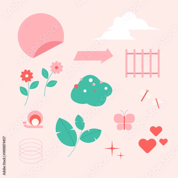 Fototapeta Cute Flat Spring Element Set