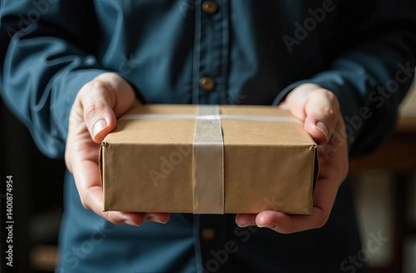 Fototapeta In the courier's hands is a small package, a box in close-up