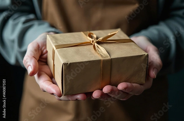 Fototapeta The man is holding a small gift box, a cardboard box in close-up