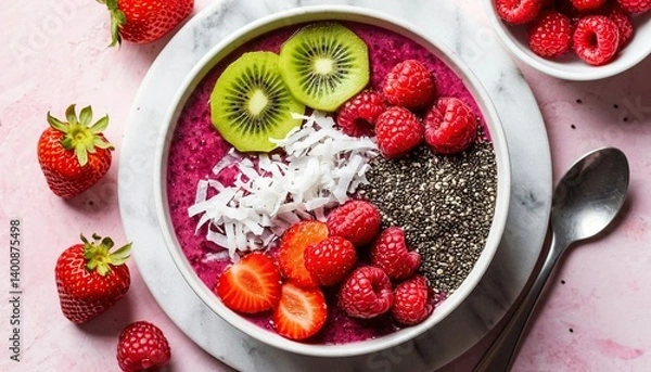 Fototapeta Smoothie bowl garnished with fresh fruits and toppings served on a marble countertop