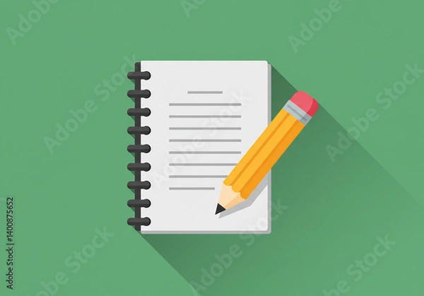 Fototapeta Yellow Pencil and Spiral Notebook on Green Background