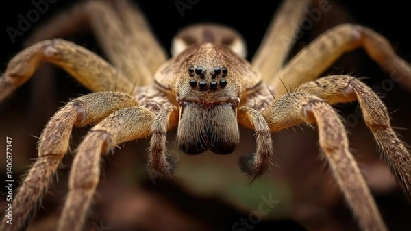 Fototapeta Macro shot of a brown spider with focus on its face and eyes.