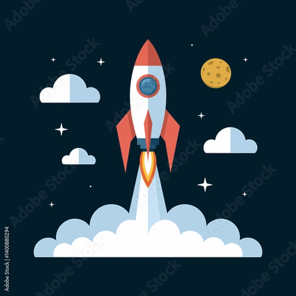 Obraz Cartoon Rocket Launching Into Space With Moon and Stars, Flat Vector