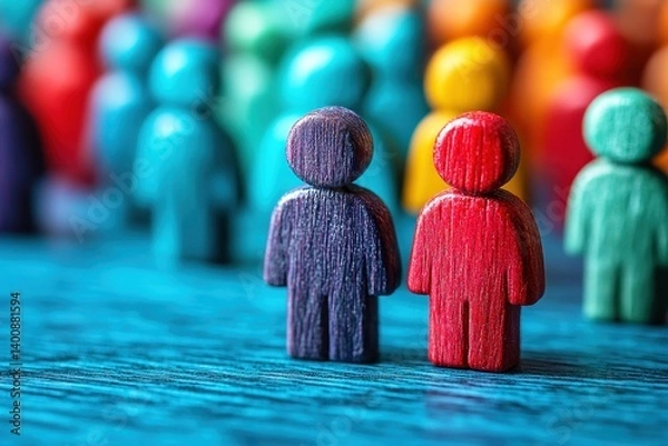 Fototapeta Colorful Wooden Figures Standing Together on a Bright Surface with Blurred Background of Additional Figures in Various Colors