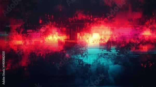 Fototapeta Glitch effect background showing distorted signal transmission with red and blue lights