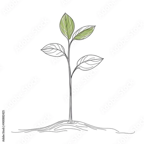 Fototapeta A single continuous line art growing sprout with leaves