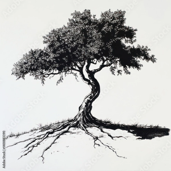 Fototapeta black and white tree, An ink drawing of a solitary tree