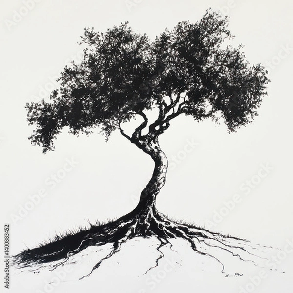 Fototapeta black and white tree, An ink drawing of a solitary tree