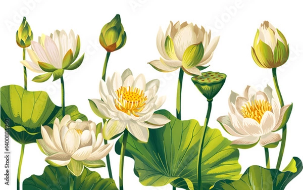 Fototapeta Serene Lotus Bloom: A collection of elegant white lotus flowers, each in varying stages of bloom, showcase a sense of purity and tranquility, the leaves add vibrancy