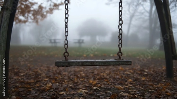 Fototapeta Empty Swing Hanging in Foggy Park with Fallen Autumn Leaves